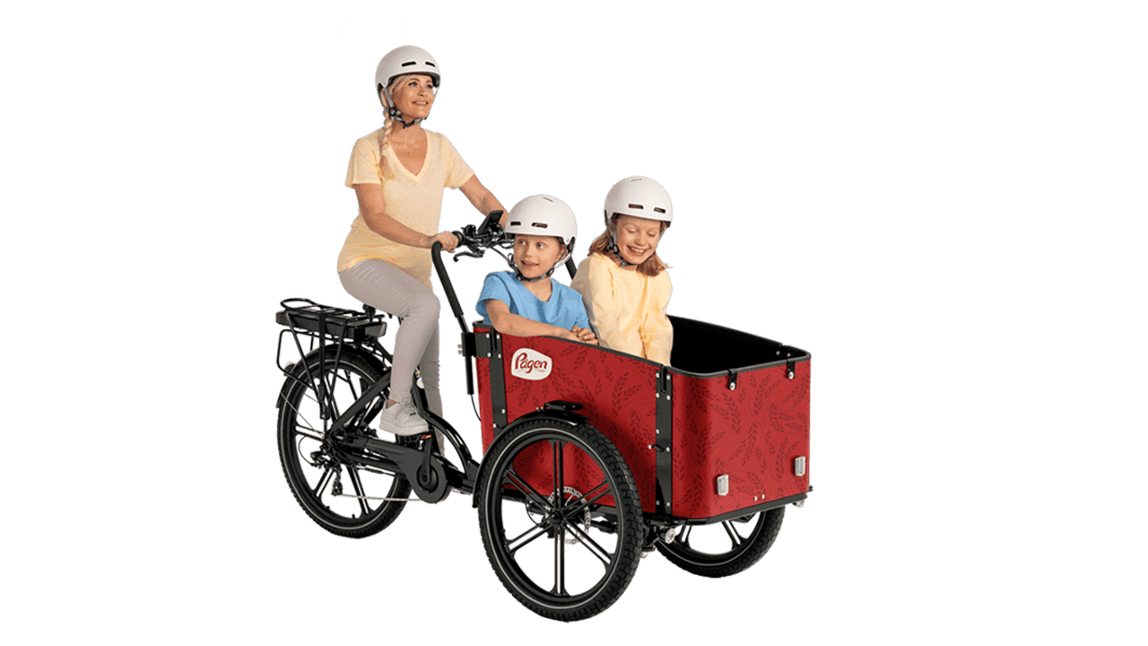 Kvinde med to børn på en elektrisk cykel